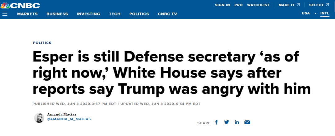 埃斯珀敢不听话 白宫回复意味深长 他目前还是防长